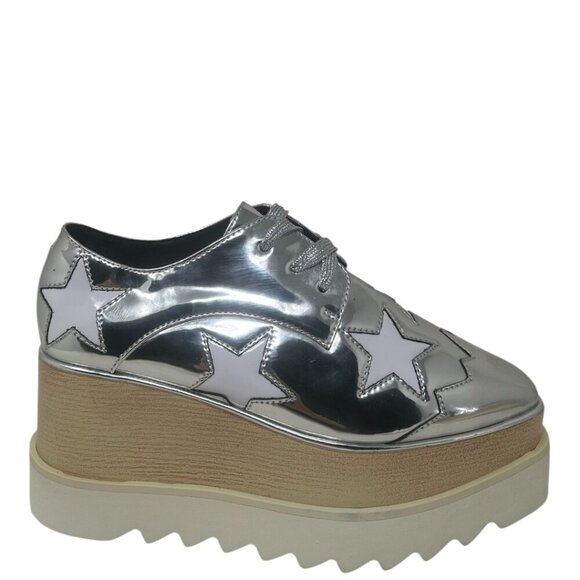 Stella McCartney Elyse Metallic Mirrored Silver Star Patches Vegan Platforms 6 - Picture 1 of 13